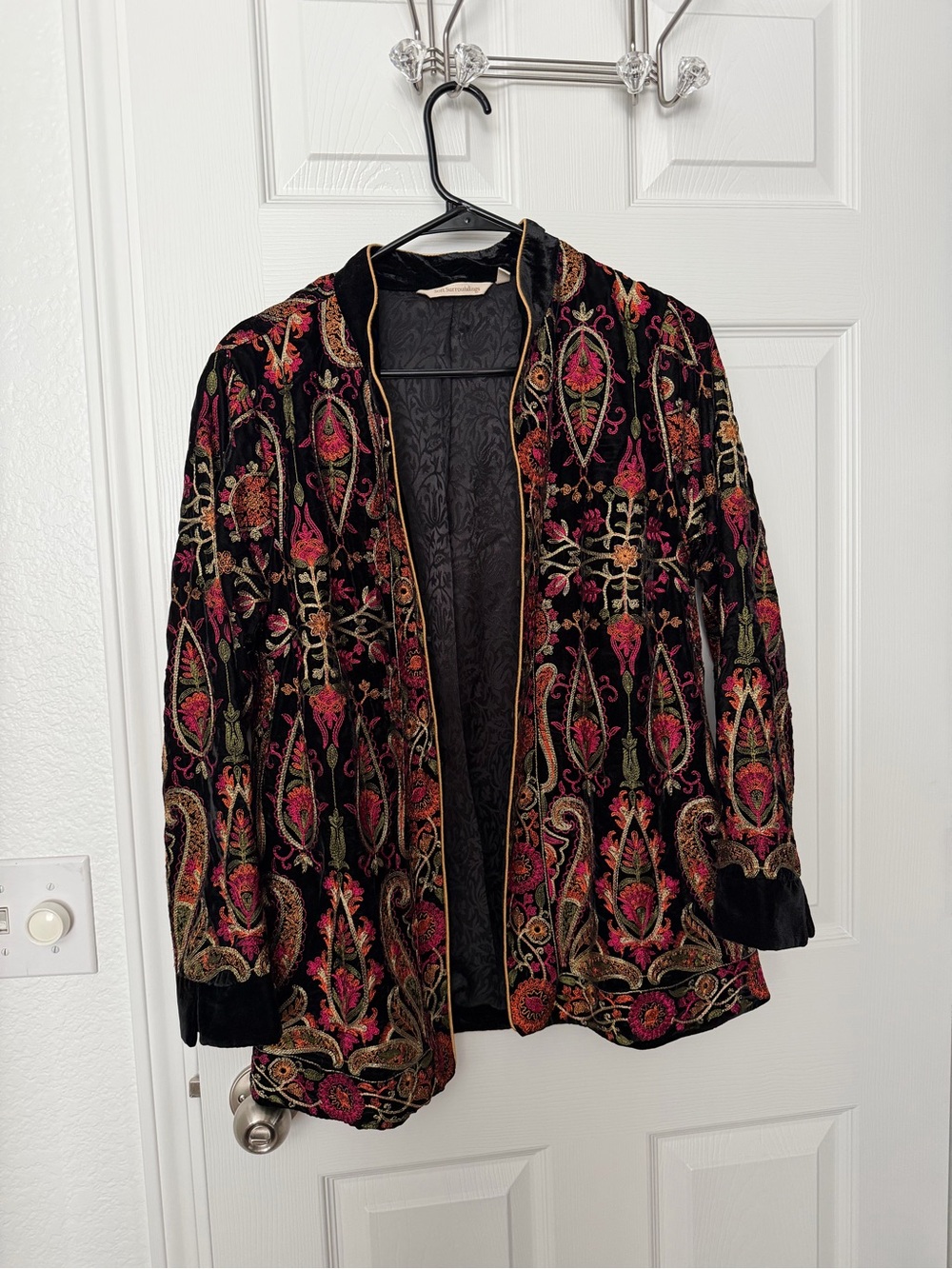 Soft Surroundings Black Velvet Embroidered Jacket with Pink & Green Accents